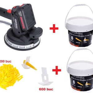 Ventuză Vibratoare cu Acumulator 21V 2Ah pentru Gresie și Faianță + Gratis 2 galeti cu sisteme de nivelare 600 de clipsuri si 200 de pene