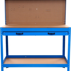 Masă de lucru pentru atelier XD640, 1200 x 600 mm, cu sertar, panou pentru scule și raft inferior 80 kg