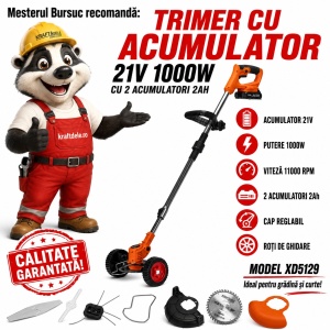 Trimer cu acumulator XD5129 21V 1000W cu 2 acumulatori 2Ah, 11000 rpm, cap reglabil și roți de ghidare