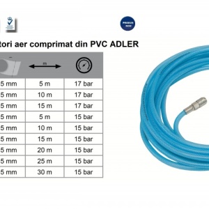 Furtun drept cu conectori aer comprimat din PVC 15x10mm 15m ADLER AD0142.52 – echipament profesional