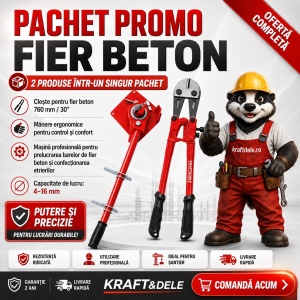 Pachet Promo Fier Beton – Mașină Profesională pentru Etrieri 4–16 mm + Clește Fier Beton 760 mm cu Mânere Ergonomice