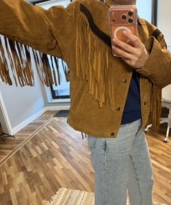 Jachetă vintage din piele întoarsă cu franjuri – mărimea L–XL - Img 5