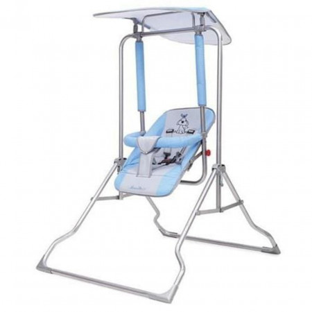 Leagan copii si bebelusi pentru interior si exterior Novokids™ Garden Swing, cadru metalic, 0+ ani, sezut reglabil in 3 trepte, pozitie somn, centura de siguranta, maxim 12 kg, pliabil, Albastru