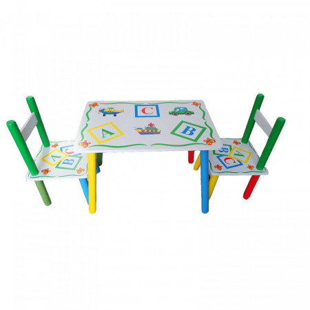 Masuta copii din MDF cu doua scaune Novokids™ My first table, dimensiuni 59X39X40, suprafata lucioasa, cu litere, Alb cu Verde
