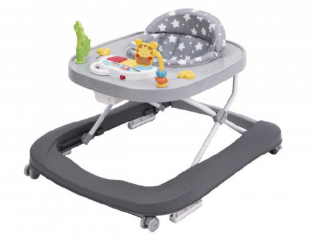 Premergator Premium 2 in 1 NOVOKIDS™ Little Giraffe Walker, Reglabil in 3 trepte de inaltime, Transformabil in antemergator, Roti silentioase, Cu melodii, Animalute, Pliabil, Gri