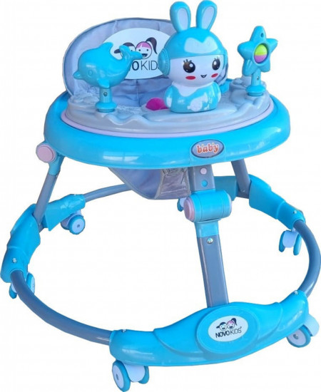 Premergator reglabil in 6 trepte de inaltime NOVOKIDS™ Happy Bunny, Cu melodii si lumini, Pliabil, Max 20 kg, Roti silentioase, Model Iepuras, Albastru
