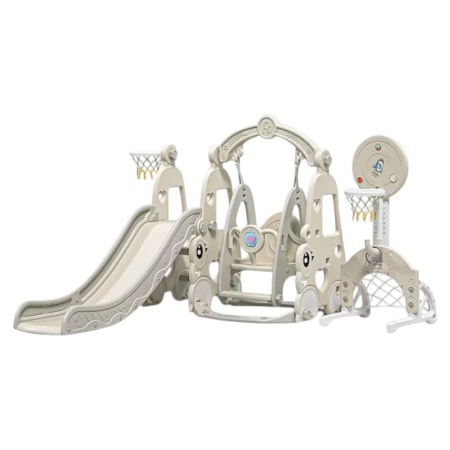 Tobogan 6 in 1 Pentru Copii NOVOKIDS™ Wonder Plus Moon Slide, Cu Leagan si poarta fotbal, Pentru Interior si Exterior, 187 centimetri panta alunecare, Maxim 25 Kg, 2 cosuri de baschet incluse, Gri
