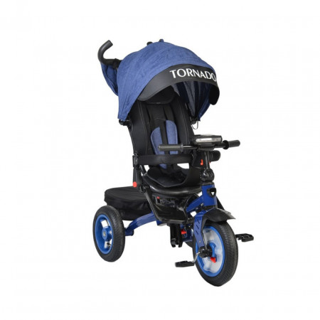 Tricicleta cu copertina Novokids™ Tornado , Cu melodii si lumini, Roti gonflabile din cauciuc, Pozitie somn, Scaun reversibil cu rotire 360 grade , Cadru metalic, Dimensiuni 110X60X90 cm, Albastru