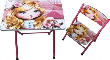Masuta pliabila pentru copii din MDF Novokids™ My first folding table, cu scaun pliabil, dimensiuni 60X40X56, 2 niveluri de inaltime, suprafata lucioasa, Roz Princess