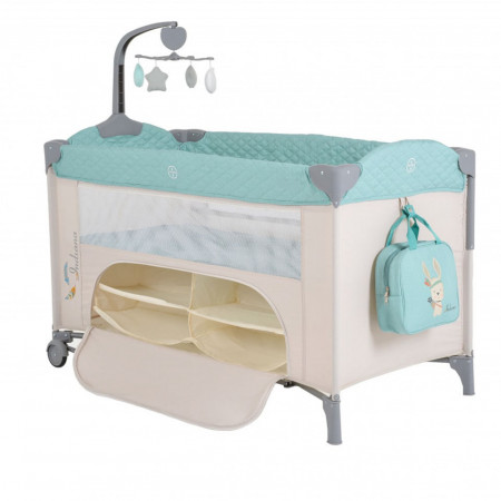 Patut pliant transformabil in tarc copii NOVOKIDS™ Indiana NEST, 62X125 cm, 2 Niveluri, Jucarie Carusel muzical, Fermoar acces lateral, Geanta bebe, Turquoise