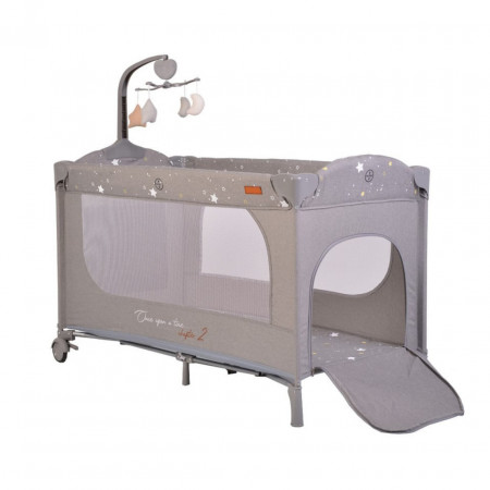 Patut pliant transformabil in tarc copii NOVOKIDS™ Onceuponatime NEST, 62X125 cm, 2 Niveluri, Jucarie Carusel muzical, Fermoar acces lateral, Gri