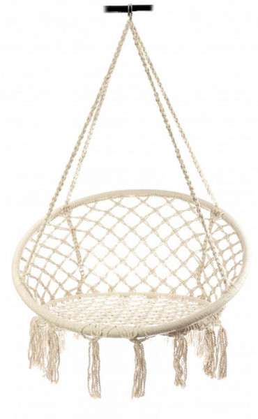 Scaun Rotund Suspendat tip Leagan Pentru Casa sau Gradina HOUSEXL™ ROUND COZY NEST, Cu Franjuri, 120 Kg, Bej