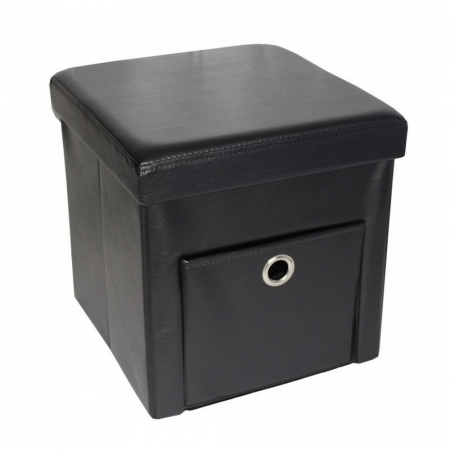 Taburet cu cutie de depozitare si sertar HouseXL™ 6100, Dimensiuni 38X38X38cm, Max 150 kg, Capac moale din piele ecologica, Negru