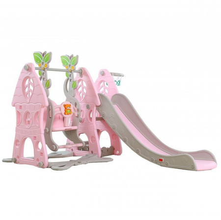 Tobogan 3 in 1 Pentru Copii NOVOKIDS™ Wonder Slide , cu Leagan, Pentru Interior si Exterior, 187 centimetri panta alunecare, Maxim 25 Kg, Cos de baschet inclus , Roz
