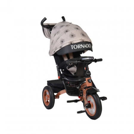 Tricicleta cu copertina Novokids™ Tornado , Cu melodii si lumini, Roti gomflabile din cauciuc, Pozitie somn, Scaun reversibil cu invartire 360 grade , Cadru metalic, Dimensiuni 110X60X90 cm, Crem