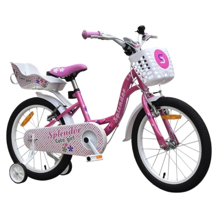 Bicicleta pentru copii NOVOKIDS™ Splend'Or Boom PRO Edition, Cu cosulet pentru papusi, Roti 14" inch, Maxim 50 kg, Cadru din otel, Roti ajutatoare detasabile, Ghidon reglabil pe inaltime, Roz