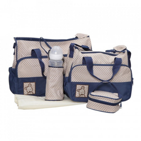Set 3 genti bebe NOVOKIDS™ Mastella atasabile la carucior, Capacitate mare , Geanta termos pentru biberoane inclusa, dimensiune 39X35X10 cm , Albastru si Crem