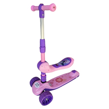 Trotineta 2 in 1 pentru copii cu roti luminoase din silicon NOVOKIDS™ Mini Scooter 8130, Cu melodii , 3 roti, Pliabila, Maner reglabil pe inaltime, Maxim 50 kg, Functie trotineta fara pedale, Roz cu Mov