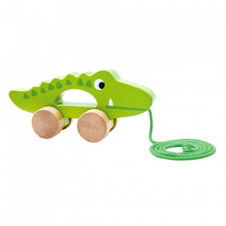 Jucarie educativa de tras din lemn masiv NOVOKIDS™ My first Tiny Crocodile, Cu roti, Motricitate , Cu sfoara de tractare, Materiale Eco, Verde
