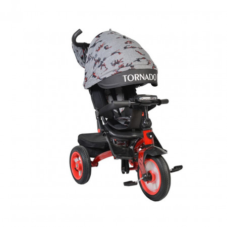 Tricicleta cu copertina Novokids™ Tornado , Cu melodii si lumini, Roti gonflabile din cauciuc, Pozitie somn, Scaun reversibil cu rotire 360 grade , Cadru metalic, Dimensiuni 110X60X90 cm, Rosu