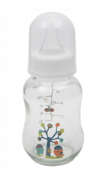 Biberon din sticla cu capac Cangaroo™ Hello, 0 luni+, 120 ml, 4 masuri, sistem anti colici, tetina lapte, Alb