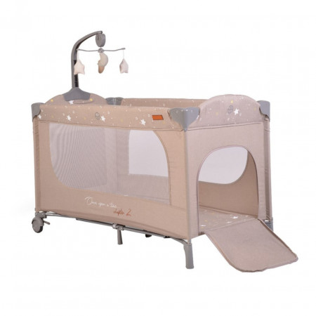 Patut pliant transformabil in tarc copii NOVOKIDS™ Onceuponatime NEST, 62X125 cm, 2 Niveluri, Jucarie Carusel muzical, Fermoar acces lateral, Bej