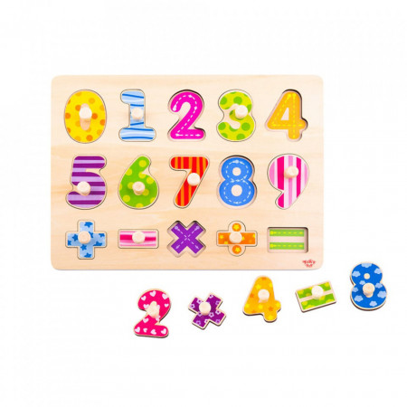Puzzle 3D din lemn masiv NOVOKIDS™ Wooden Happy Numbers, 15 piese, Cu Numere si semne matematice, Materiale Eco, Multicolor