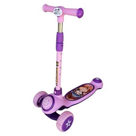 Trotineta copii cu roti luminoase din silicon NOVOKIDS™ Mini Scooter 9080, Cu melodii si lumini, 3 roti, Pliabila, Maner reglabil pe inaltime, Maxim 50 kg, Design modern, Roz cu Mov