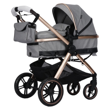 Carucior nou nascuti 2 in 1 NOVOKIDS™ X2000 series, Cu geanta bebe, Cadru Aluminiu Gold, Amortizoare, Roti din cauciuc plin AVE, Landou, Spatar reglabil 3 trepte, Plasa insecte, Gri