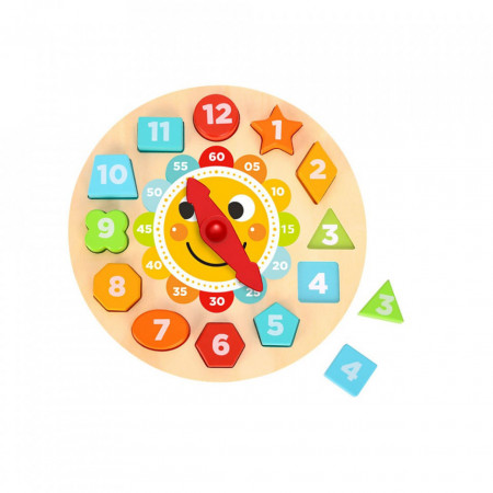Ceas puzzle 3D din lemn masiv NOVOKIDS™ Wooden Happy Clock, 14 piese, Cu forme geometrice si Numere, Materiale Eco, Multicolor