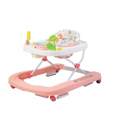 Premergator Premium reglabil in 3 trepte de inaltime NOVOKIDS™ ZooZoo Baby ,Roti silentioase din silicon, Cu melodii, Animalute, Pliabil, Roz