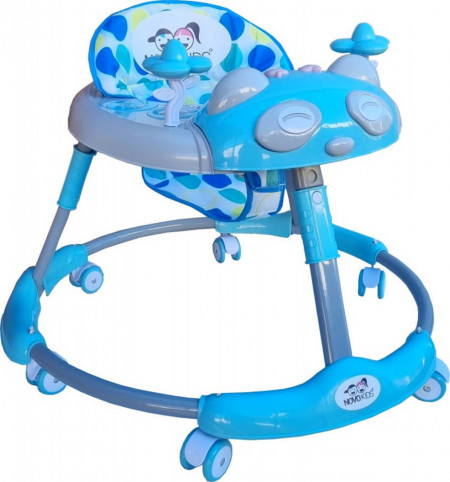 Premergator reglabil in 6 trepte de inaltime NOVOKIDS™ Baby Panda Walker, Cu melodii, Pliabil, Max 20 kg, Roti silentioase, Model Ursulet Panda, Albastru