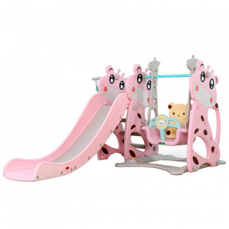 Tobogan 3 in 1 Pentru Copii NOVOKIDS Giraffe Playground, Cu Leagan, Pentru Interior si Exterior, 187 centimetri panta alunecare, Max 25 Kg, Cos de baschet inclus , Roz