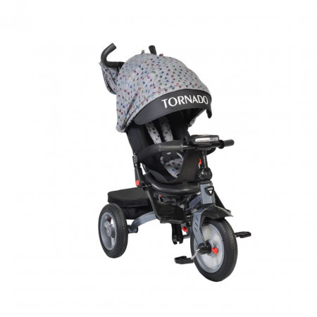 Tricicleta cu copertina Novokids™ Tornado , Cu melodii si lumini, Roti gomflabile din cauciuc, Pozitie somn, Scaun reversibil cu invartire 360 grade , Cadru metalic, Dimensiuni 110X60X90 cm, Gri