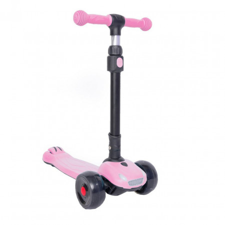 Trotineta copii cu roti luminoase din silicon NOVOKIDS™ Furious , cu melodii si lumini, 3 roti,pliabila, maner reglabil pe inaltime,maxim 50 kg, faruri luminoase in fata, design modern, Roz