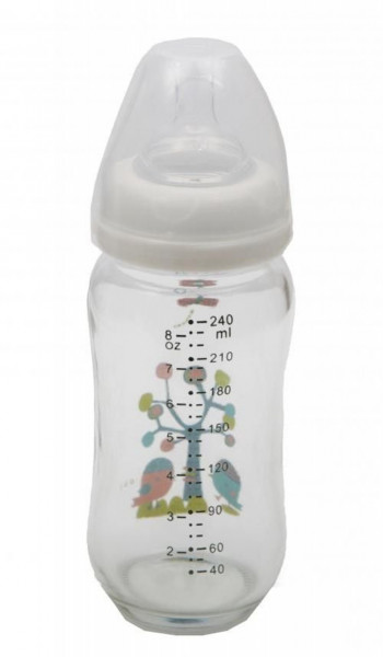 Biberon din sticla cu capac Cangaroo™ Hello, 0 luni+, 240 ml, 8 masuri, sistem anti colici, tetina lapte, Alb
