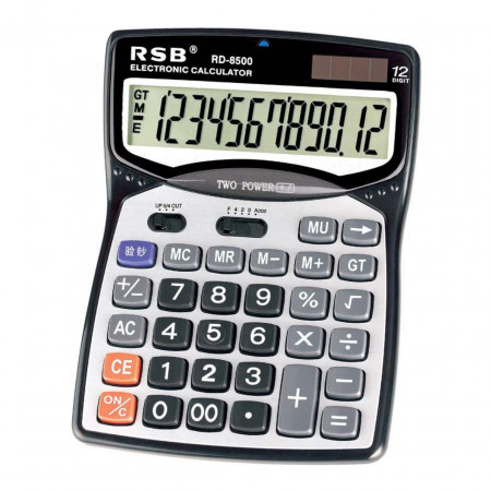 Calculator de birou RSB™ RD-8500 XXL, 20X15 CM, incarcare solara plus baterie, display mare, taste silentioase, gri si negru, baterie inclusa