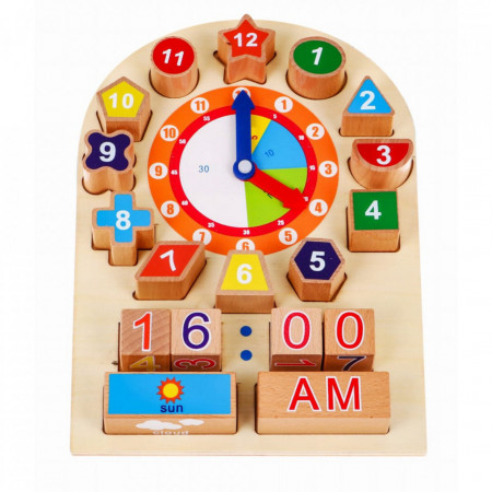 Ceas puzzle 3D tip Montessori din lemn masiv NOVOKIDS™ Learning Clock, 18 piese, Cu forme geometrice si Numere, Materiale Eco, Multicolor