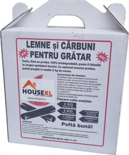 Kit pentru aprins focul HouseXL™ Fire Starter, Pentru Gratar, 4 Kg, 2 Kg carbuni de retorta, 2 Kg lemn de fag, Chibrit si evantai pentru foc incluse