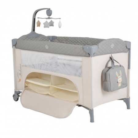 Patut pliant transformabil in tarc copii NOVOKIDS™ Indiana NEST, 62X125 cm, 2 Niveluri, Jucarie Carusel muzical, Fermoar acces lateral, Geanta bebe, Gri