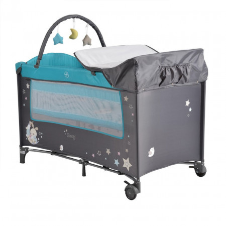 Patut pliant transformabil in tarc copii NOVOKIDS™ Sleepy NEST, 60X120 cm, 2 Niveluri, Masa infasat, Jucarie Carusel cu jucarii din plus, Fermoar acces lateral, Turquoise cu Gri