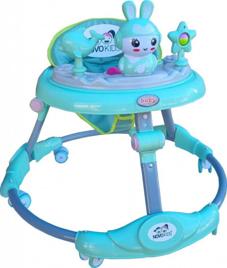 Premergator reglabil in 6 trepte de inaltime NOVOKIDS™ Happy Bunny, Cu melodii si lumini, Pliabil, Max 20 kg, Roti silentioase, Model Iepuras, Verde Turquoise