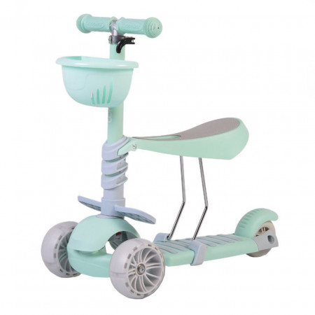 Tricicleta evolutiva 2 in 1 transformabila in trotineta NOVOKIDS™ BubbleGum , Max 40 kg, Roti din silicon cu LED, Maner de impins pentru parinti detasabil, Scaun detasabil , Cadru metalic, Turquoise
