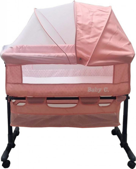 Patut copii transformabil in balansoar bebe Baby Care™ Co-Sleeper, Cu plasa insecte si cosulet depozitare, Design modern, 4 roti cu frana, Dimensiuni 85X95X50 cm, Saltea inclusa, Cadru aluminiu , Roz