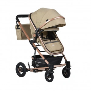 Carucior nou nascuti 2 in 1 NOVOKIDS™ GIGI PRO , Cu geanta bebe inclusa, Roti din cauciuc plin AVE, Cadru aluminiu Gold, Maner reversibil, Spatar reglabil in 3 trepte, Amortizoare, Frana picior,Pliabil , Crem