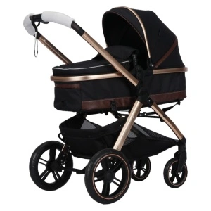 Carucior nou nascuti 2 in 1 NOVOKIDS™ X2000 series, Cu geanta bebe, Cadru Aluminiu Gold, Amortizoare, Roti din cauciuc plin AVE, Landou, Spatar reglabil 3 trepte, Plasa insecte, Negru