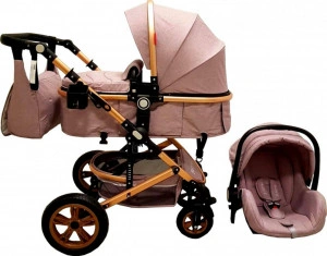 Carucior nou nascuti 3 in 1 Baby Care™ PRO 530 , Cu geanta bebe, Cadru Aluminiu Gold, Amortizoare, Roti din cauciuc plin AVE, Landou, Scoica auto, Spatar reglabil 3 trepte, Plasa insecte, Gri