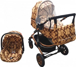Carucior nou nascuti 3 in 1 Baby Care™ PRO 531, Cu geanta bebe, Cadru Aluminiu Gold , Amortizoare, Roti din cauciuc plin AVE, Landou, Scoica auto, Spatar reglabil 3 trepte, Plasa insecte, Beige cu imprimeu Fluturasi Maron
