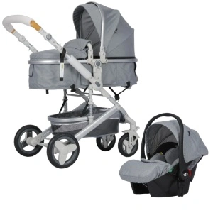 Carucior nou nascuti 3 in 1 NOVOKIDS™ 5300, Cu geanta bebe, Cadru Aluminiu, Amortizoare, Roti din cauciuc plin AVE, Landou, Scoica auto, Spatar reglabil 3 trepte, Plasa insecte, Gri