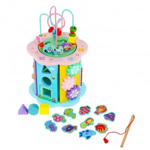 Cub educativ de tip Montessori din lemn masiv NOVOKIDS™ Supreme EduCube, 8 in 1, Cu forme geometrice, Labirint, Numaratoare si masinute, Motricitate si puzzle, Materiale Eco, Multicolor